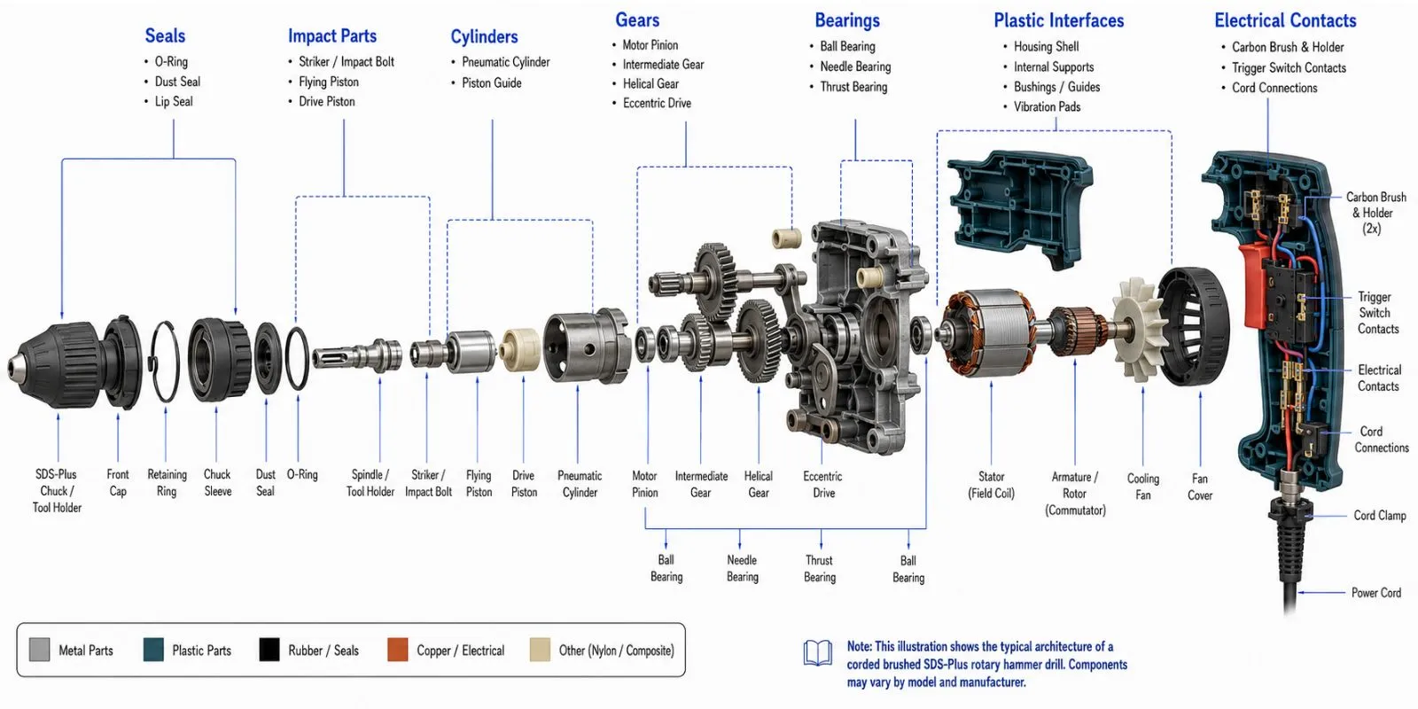 electric power tool lubrication points in gears bearings cylinder and impact mechanism